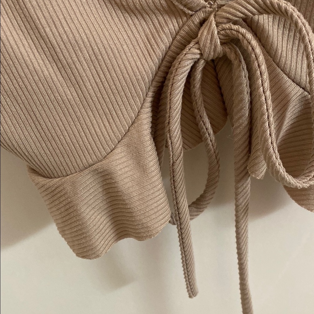 Tan Ribbed Crop Top with Ruffle Sleeves - Picture 6 of 11